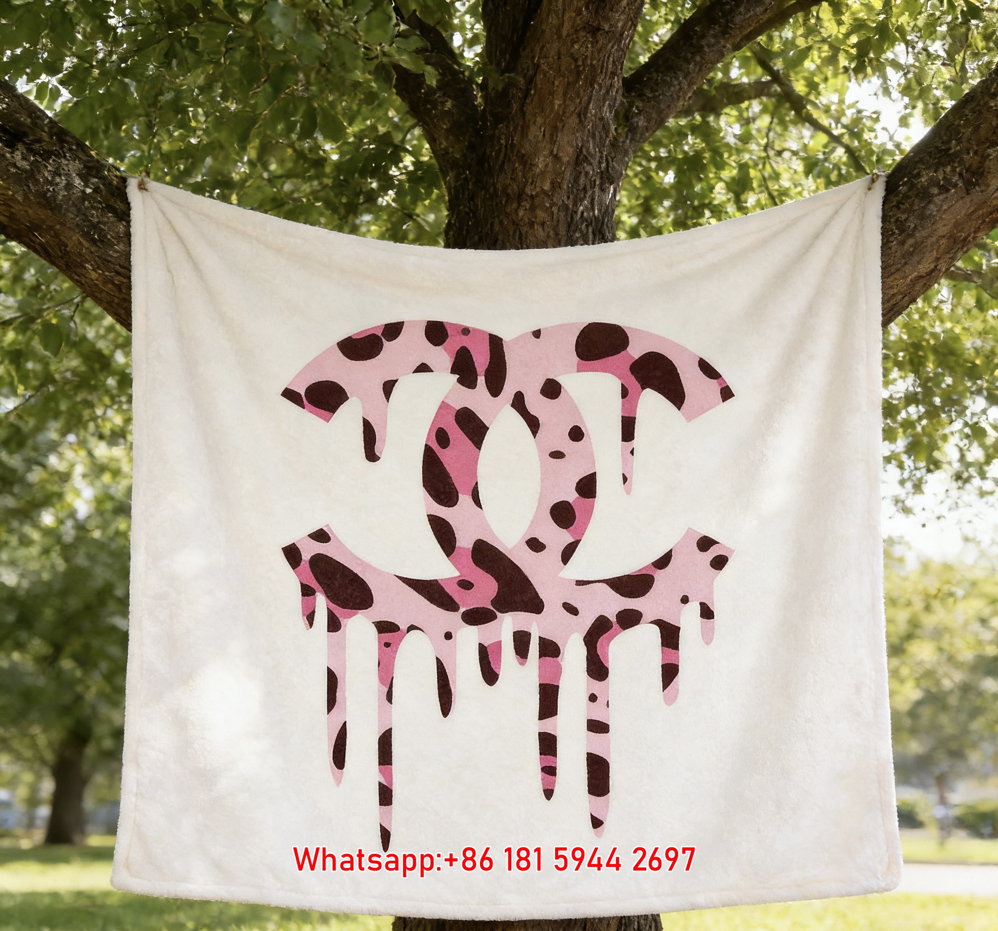 Chanel Pink Leopard Print Dripping CC Logo Flannel Throw Blanket IMG_7049